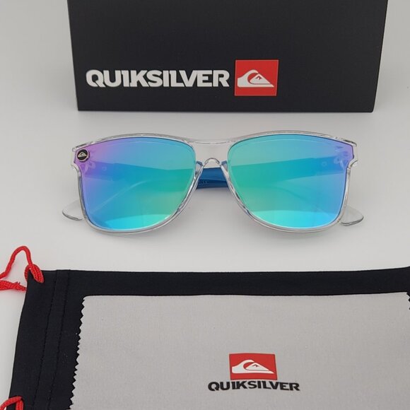 Quiksilver Round Flat Lens Sunglasses Clear Frame Blue Arms Blue-Mirror Lens - Picture 2 of 12